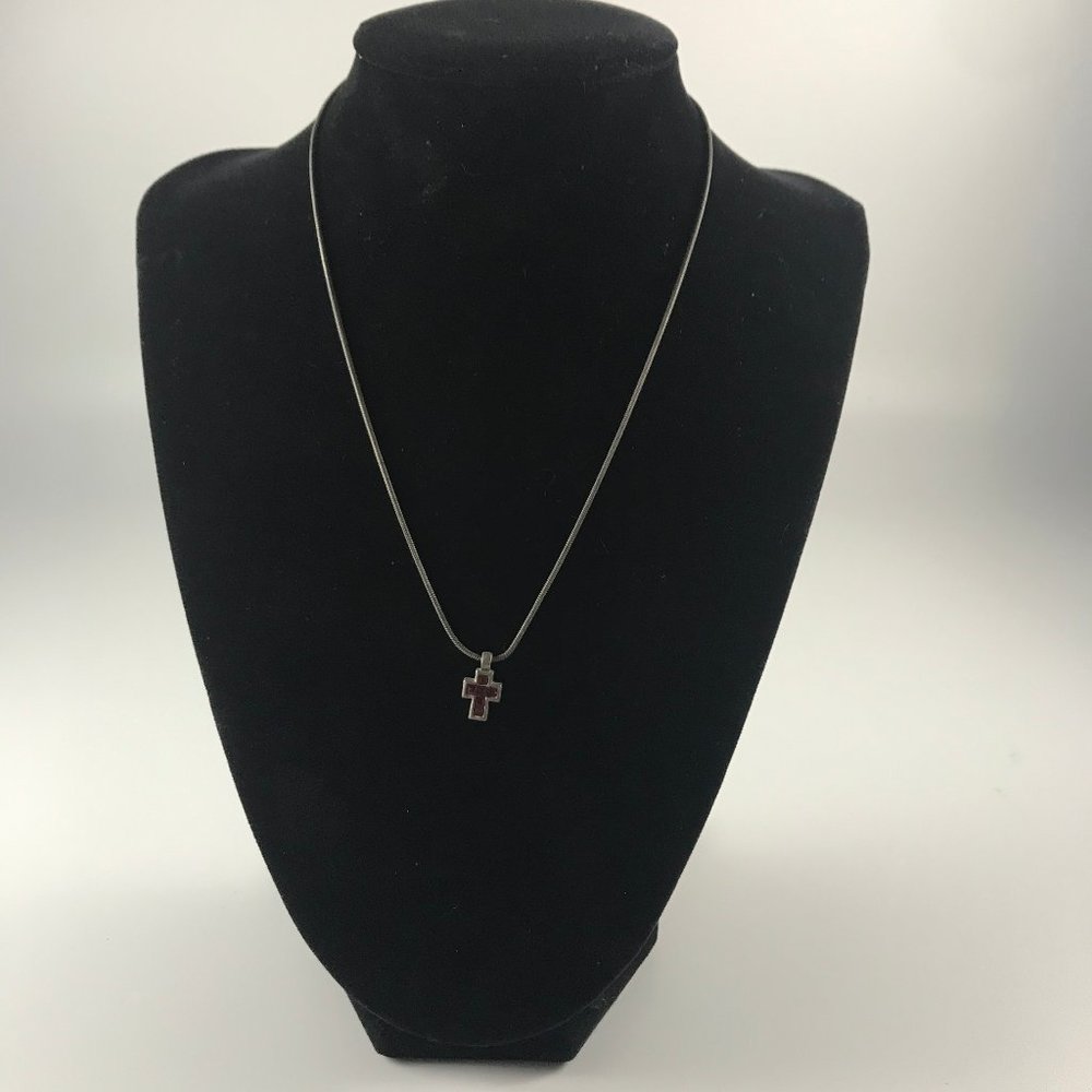 Express red cross necklace brushed silver tone